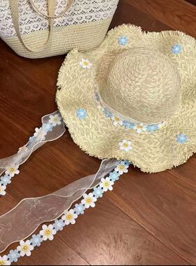 碎花蕾丝飘带~夏季海边沙滩度假风花朵大帽檐草帽女遮阳防晒帽子