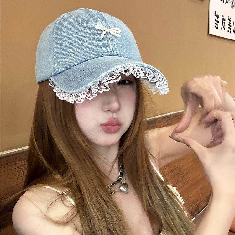 蕾丝花边牛仔棒球帽女夏大头围显脸小鸭舌帽高品质珍珠蝴蝶结帽子