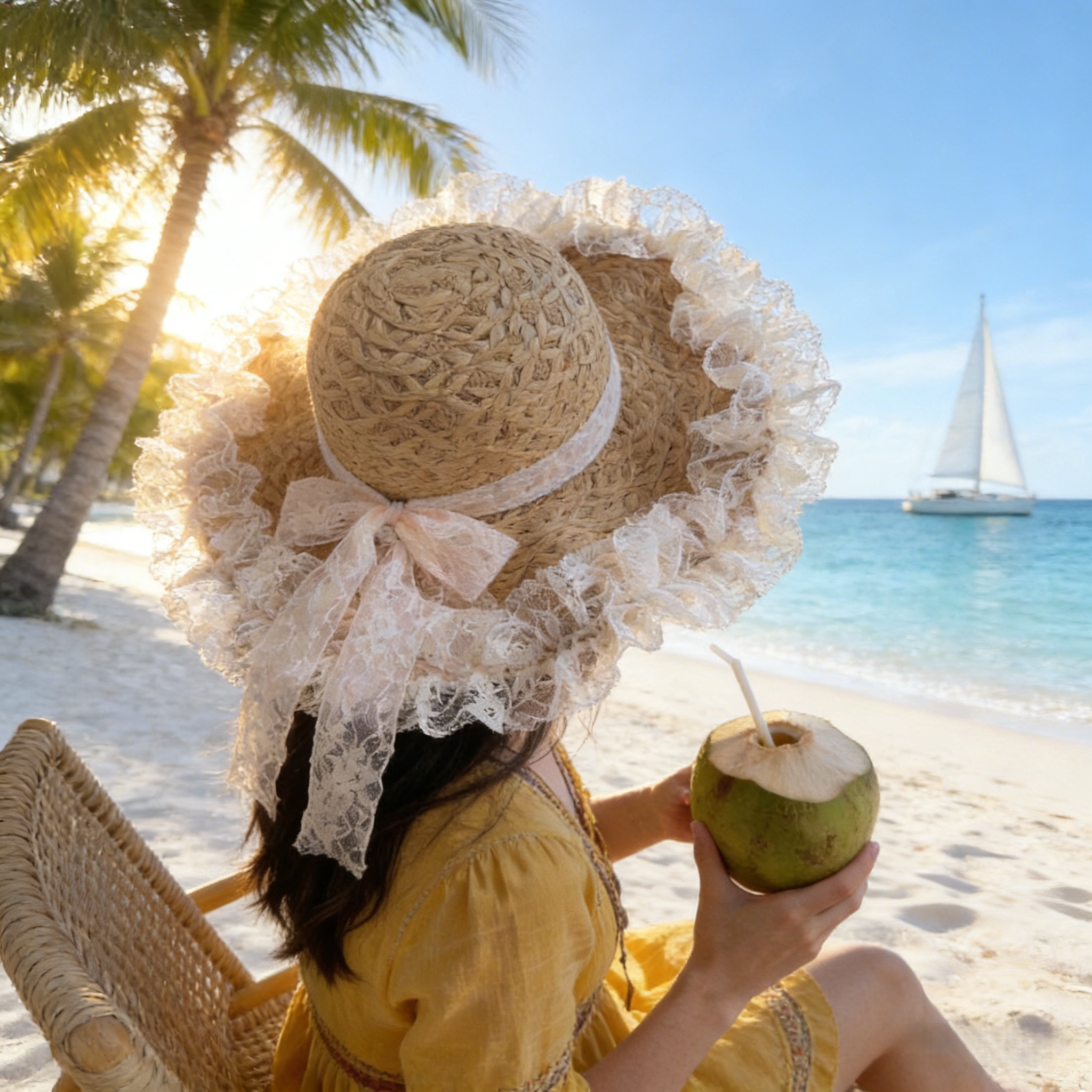 海边度假蕾丝草帽女双层花边大檐帽粉色蝴蝶结夏季防晒拍照神器