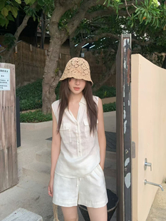 老钱风亚麻无袖衬衫女夏季薄V领显瘦上衣通勤度假百搭轻熟风C8161