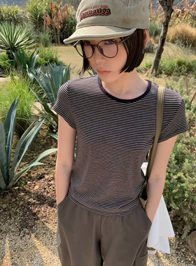 撞色条纹短袖T恤女2026春夏新款修身显瘦百搭圆领白t短款上衣7811