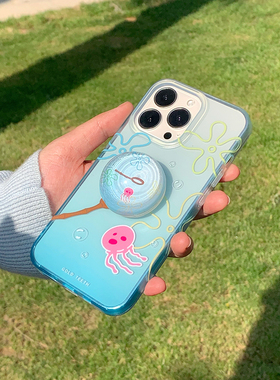 Gold Teeth原创适用苹果ip14pro海绵宝宝抓水母渐变蓝夏日手机壳13promax保护壳iPhone15小众设计感原创女
