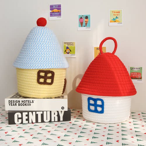 棉线编织收纳筐可爱多巴胺零食杂物储物盒客厅卧室带盖整理收纳篮