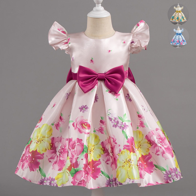 儿童礼服欧美印花裙子女童装公主裙蝴蝶结连衣裙夏季跨境4-2-3