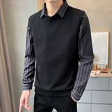 秋冬款袖部拼接男士条纹假两件针织衫长袖套头毛衣8225#P105，男装针织衫/毛衣，电商C309