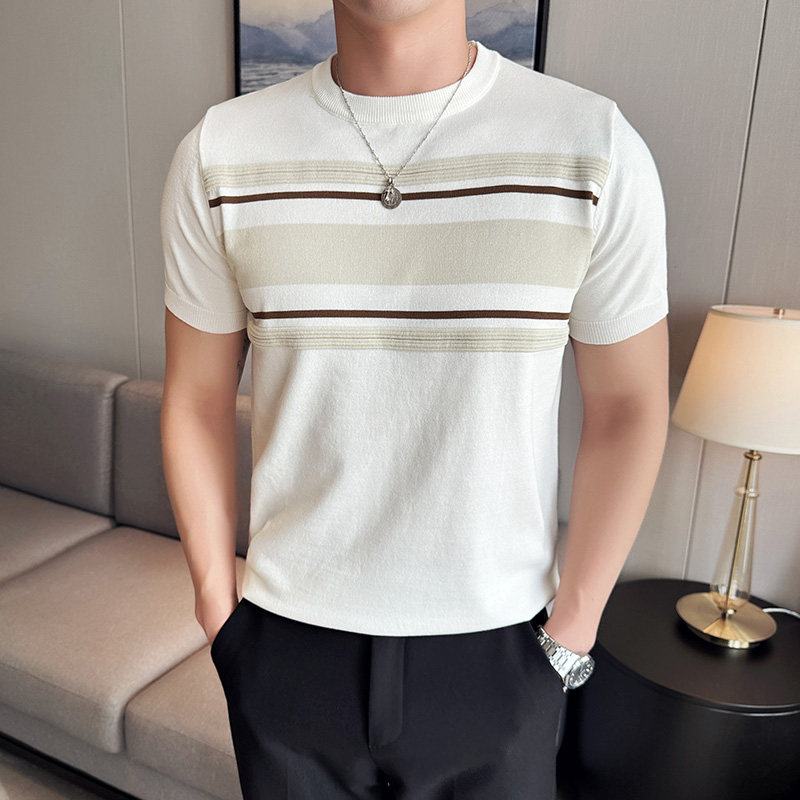 春夏新款条纹拼色男士冰丝圆领商务休闲针织衫72019/P58,男装针织衫/毛衣,电商C309