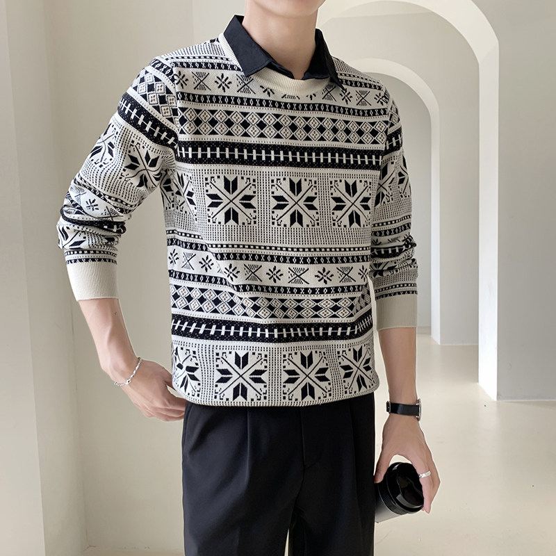 8219#P105轻熟风高品质提花男士假两件针织衫长袖套头毛衣,男装针织衫/毛衣,电商C309