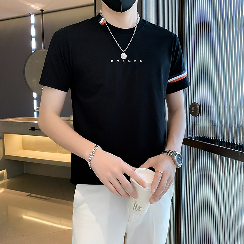 23366#夏季新款印花编织带条纹男士圆领T恤纯色短袖潮特P48控78,男装T恤,电商C309