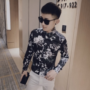C803#_黑 小伙风 男士韩版修身社会长袖休闲印花衬衫潮男P58图片