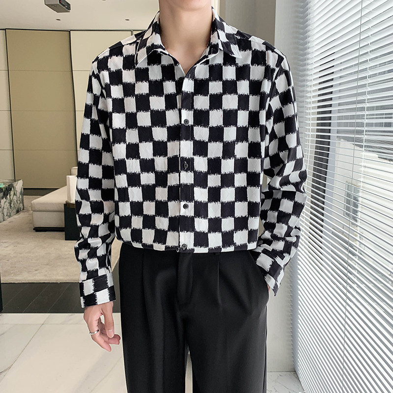 C815#春秋款轻熟韩风菱形格子纹男士宽松休闲衬衫个性外套P65,男装衬衫,电商C309