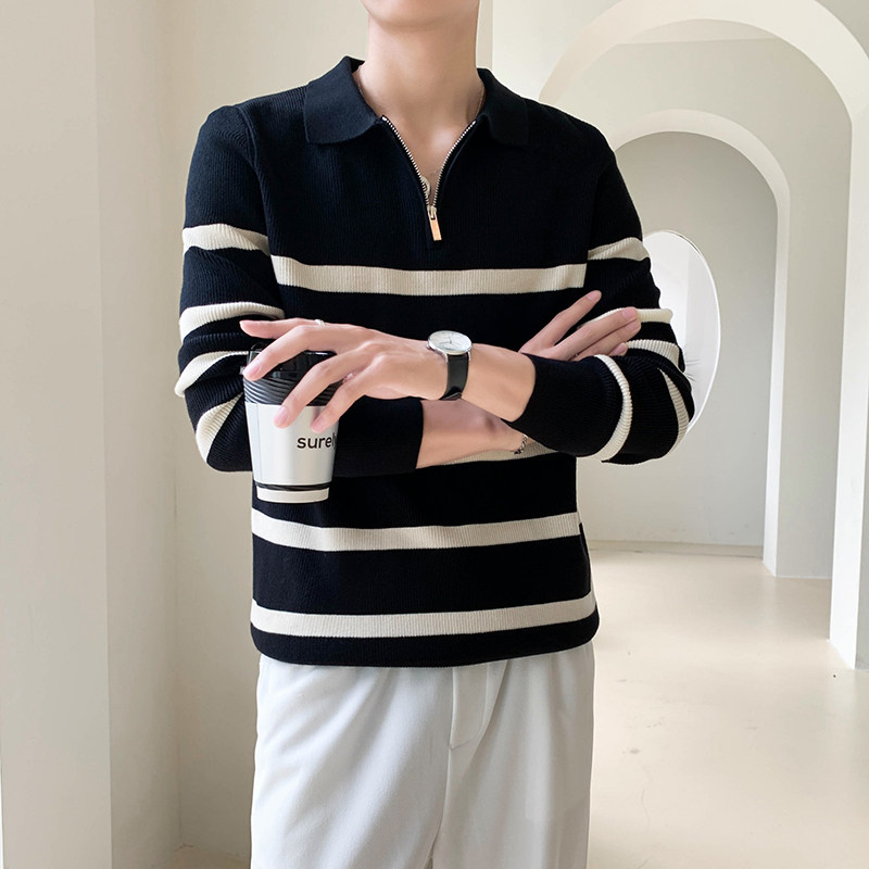 咖_轻熟风翻领拉链纯色条纹针织衫男士长袖毛衣8105#P95,男装针织衫/毛衣,电商C309