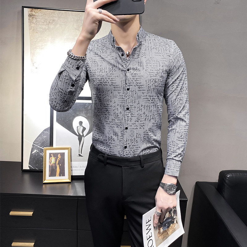2025秋款千鸟格印花店主风男士韩版长袖休闲衬衫C801#P60,男装衬衫,电商C309