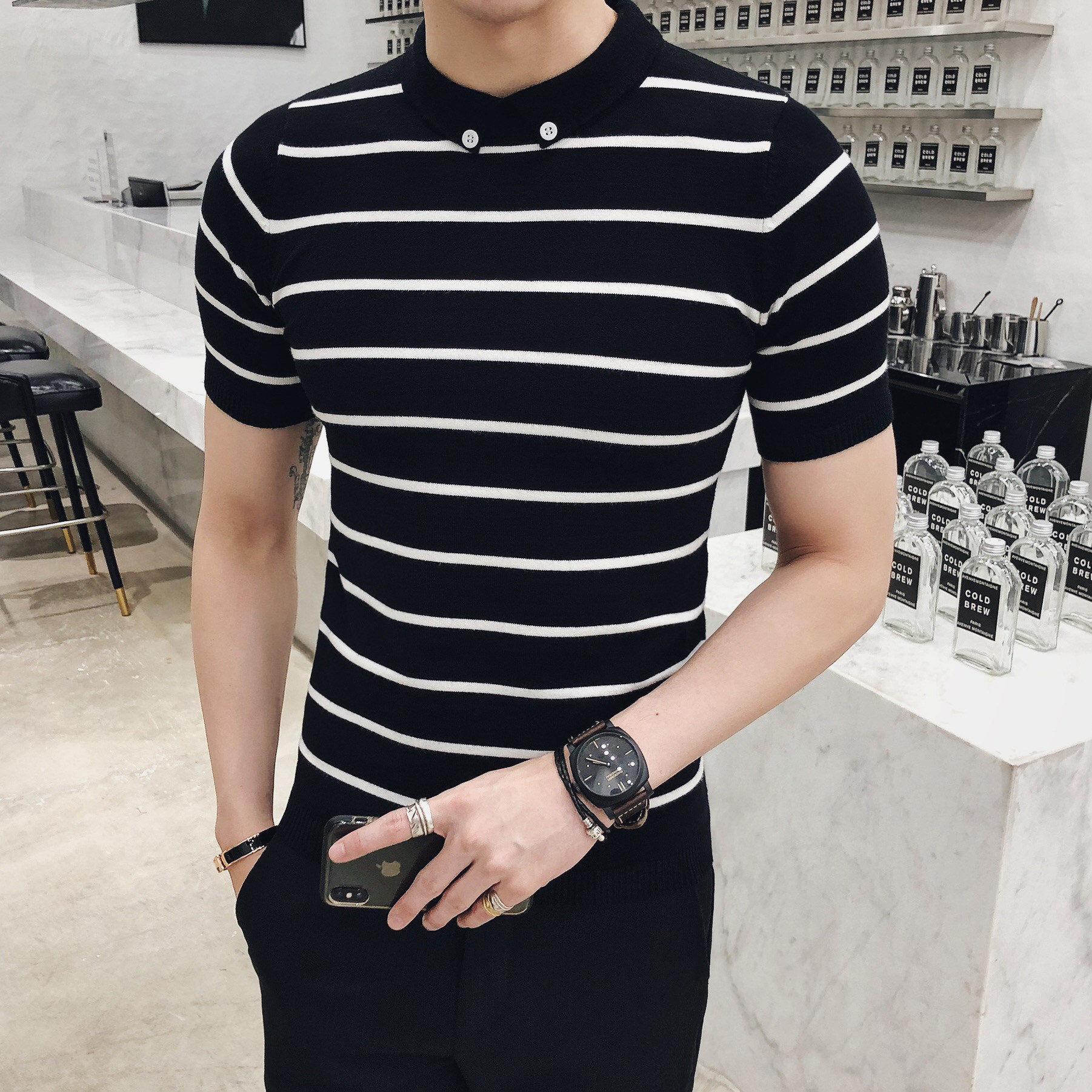 春夏季经典条纹翻领双粒扣男士休闲针织短袖polo衫V20#P55,男装T恤,电商C309