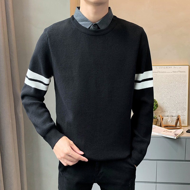 8218#P105高品质条纹纯色男士假两件针织衫长袖套头毛衣,男装针织衫/毛衣,电商C309