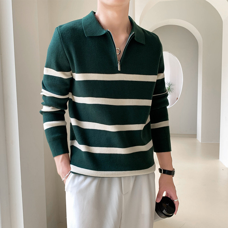 咖_轻熟风翻领拉链纯色条纹针织衫男士长袖毛衣8105#P95,男装针织衫/毛衣,电商C309