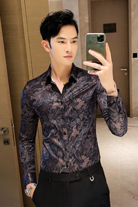 C802#/2025秋款 男士韩版修身长袖印花衬衫英伦店主潮P58图片