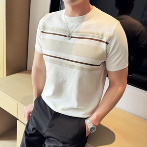 春夏新款条纹拼色 男士冰丝圆领商务休闲针织衫 72019/P58图片