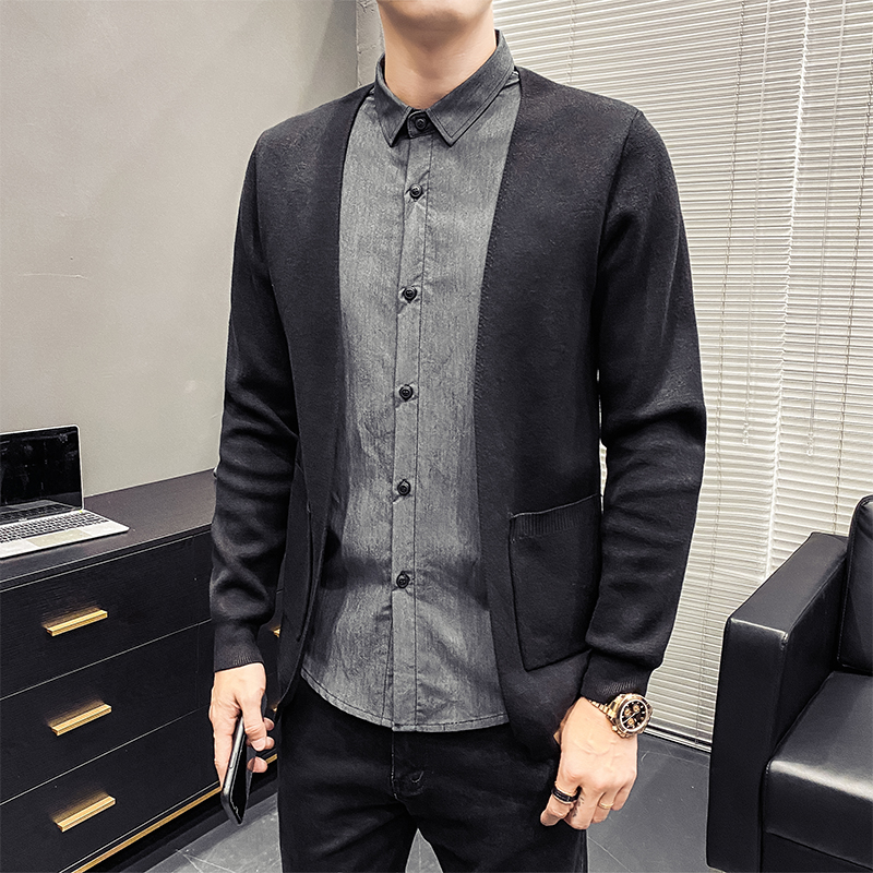 9011#秋冬款男士韩版修身针织开衫假两件毛衣小外套P90，男装针织衫/毛衣，电商C309