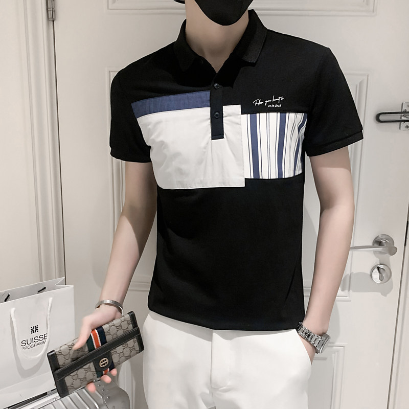 夏款条纹拼接男士休闲polo衫小伙风翻领T恤男潮86023#P55,男装T恤,电商C309
