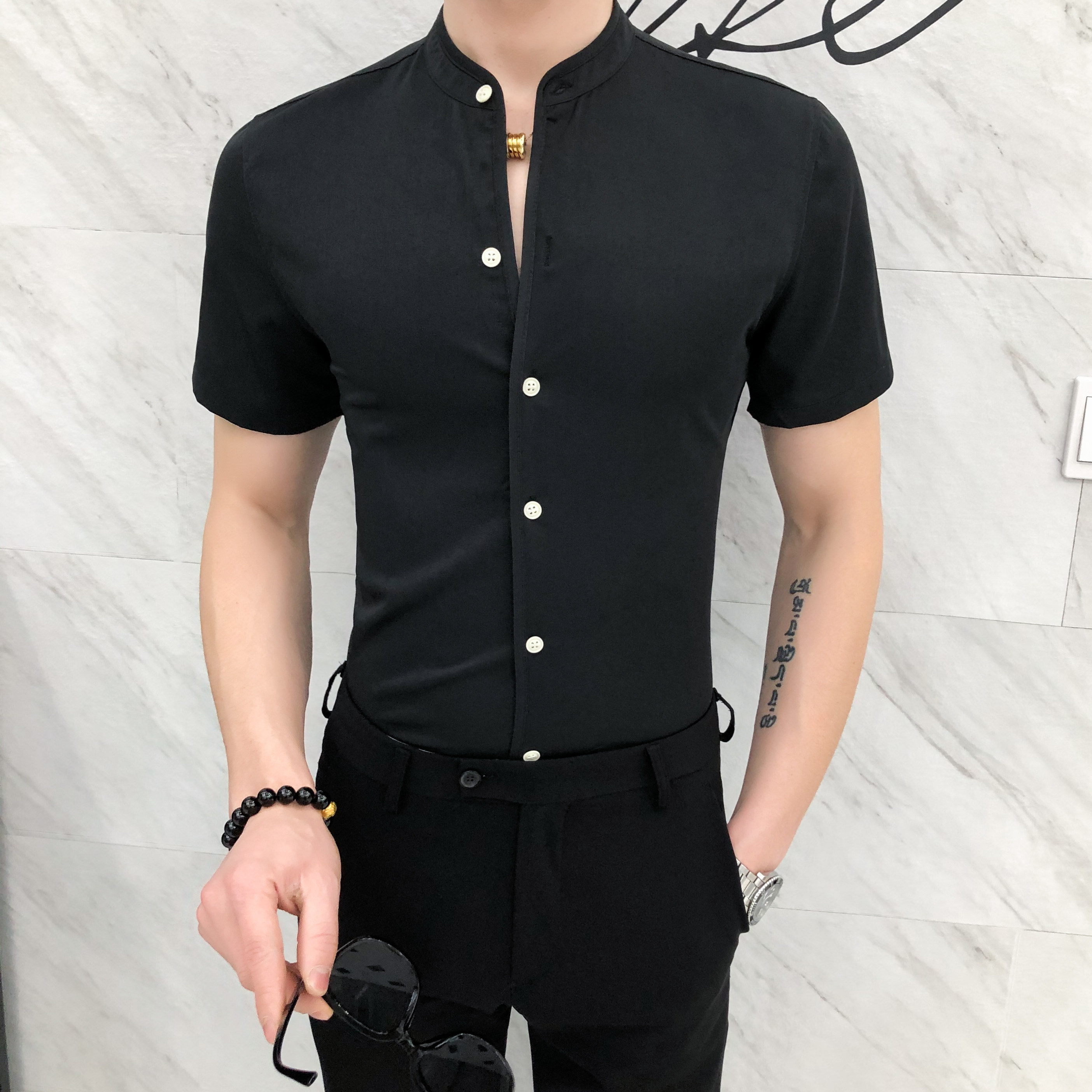 CS01#夏款 纯色立领韩版修身英伦店主男士短袖休闲衬衫P40图片