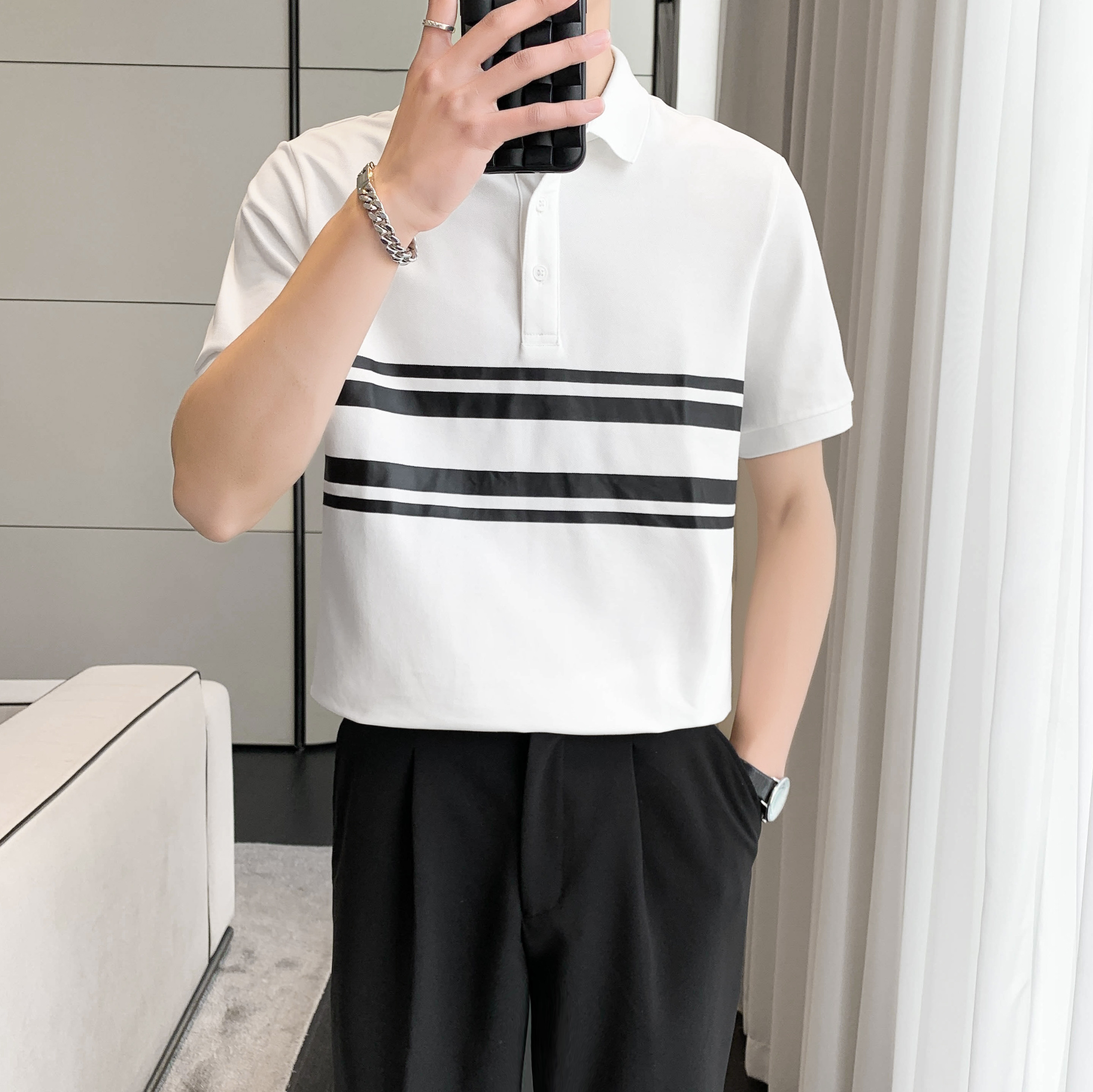 9005#_绿条纹拼接印花polo衫男轻熟店主翻领短袖休闲T恤潮P55,男装T恤,电商C309