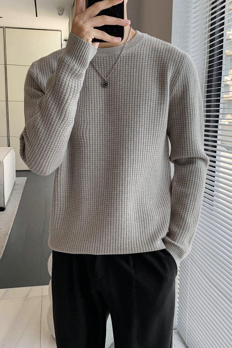 915#_P75杏秋冬基础款长袖毛衣男士纯色圆领格子套头针织衫,男装针织衫/毛衣,电商C309