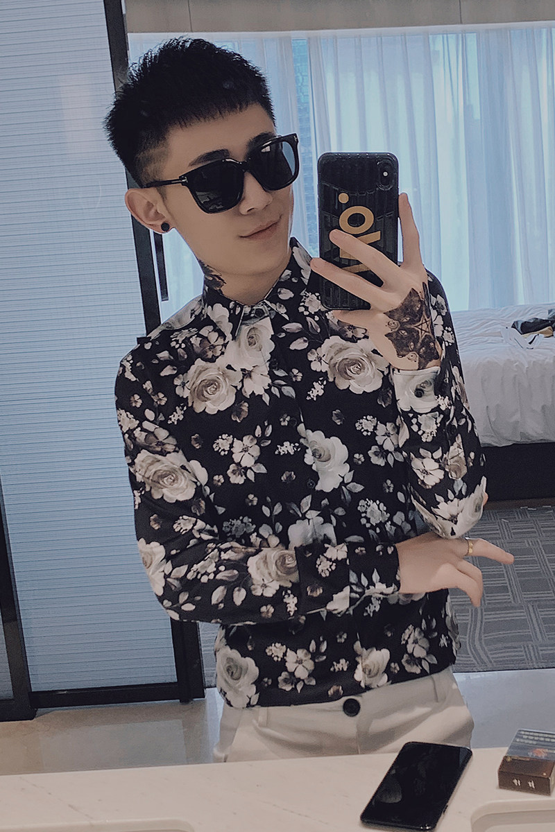 C912#_黑小伙风男士韩版修身社会长袖休闲印花衬衫潮男P58,男装衬衫,电商C309