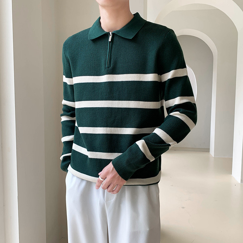 咖_轻熟风翻领拉链纯色条纹针织衫男士长袖毛衣8105#P95,男装针织衫/毛衣,电商C309