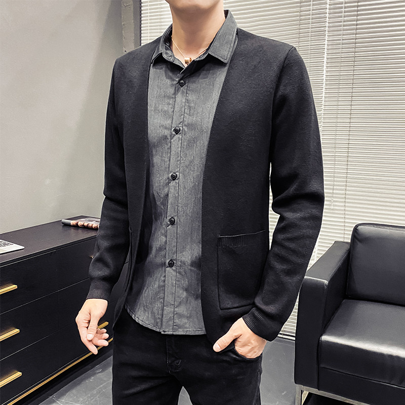 9011#秋冬款男士韩版修身针织开衫假两件毛衣小外套P90,男装针织衫/毛衣,电商C309