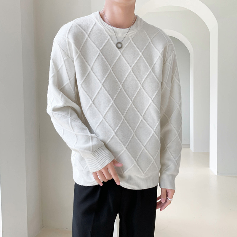 白_轻熟风菱形格纹男士圆领长袖毛衣套头针织衫8205#P105,男装针织衫/毛衣,电商C309