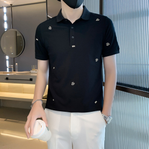 21010#粉夏新款V字刺绣精品男士纯色polo衫男翻领T恤潮特P48控78图片