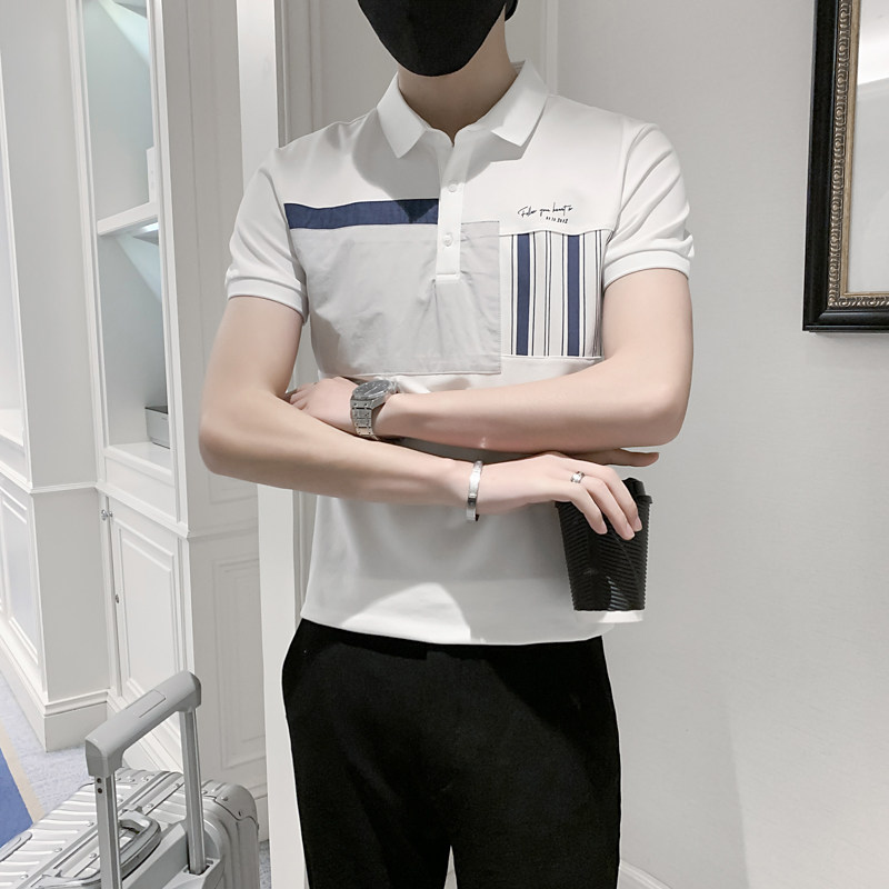 86023#夏季新款条纹拼接男士休闲polo衫社会轻熟翻领T恤潮P55,男装T恤,电商C309