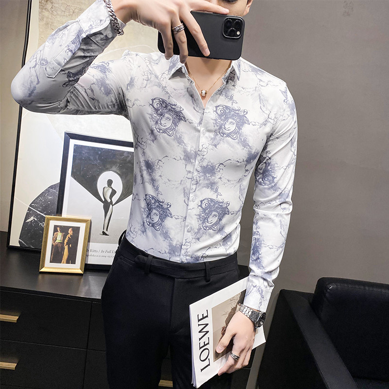 C916_P60/2025秋款人头银丝边印花店主风男士韩版休闲衬衫潮,男装衬衫,电商C309