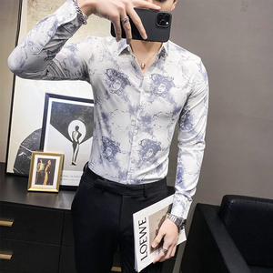 C916_P60/2025秋款 人头银丝边印花 店主风男士韩版休闲衬衫潮图片