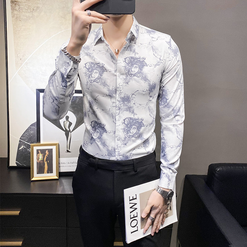 C916_P60/2025秋款人头银丝边印花店主风男士韩版休闲衬衫潮,男装衬衫,电商C309