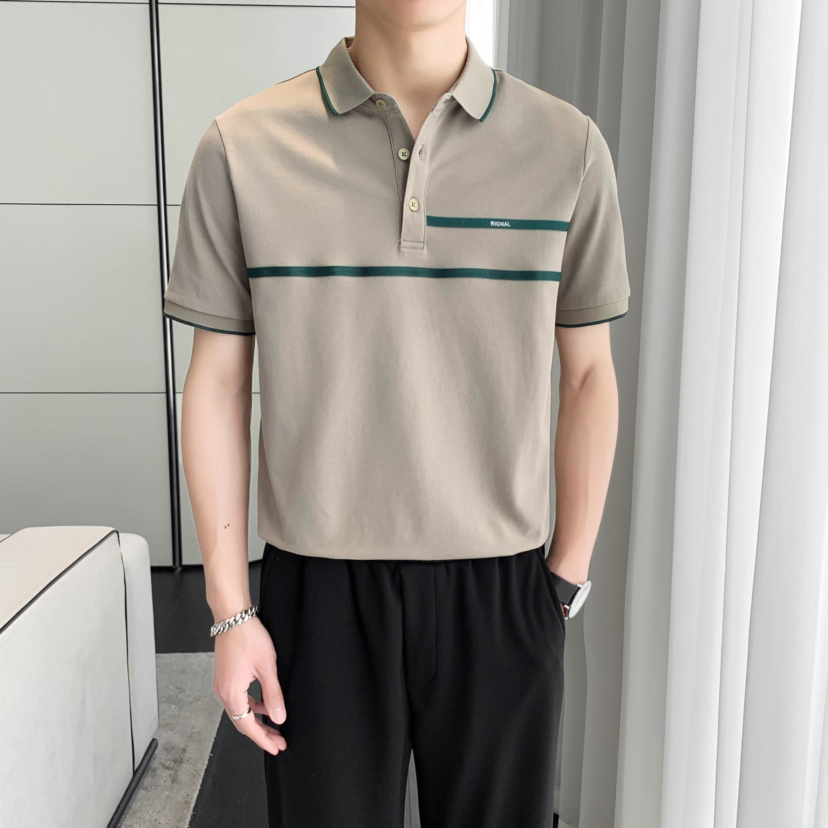 9408#黑休闲翻领男士polo衫轻熟店主条纹拼接短袖T恤男潮P50,男装T恤,电商C309