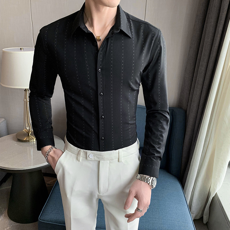 2025秋印花条纹男士韩版修身长袖衬衫店主英伦潮C6602#P65,男装衬衫,电商C309
