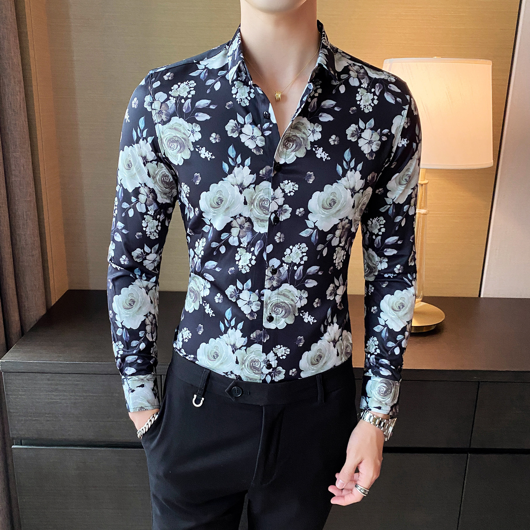 C912#春秋款男士韩版修身长袖印花衬衫店主英伦衬衣潮P58,男装衬衫,电商C309