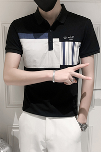86023#夏款 条纹拼接男士休闲polo衫小伙风翻领T恤男潮P55图片