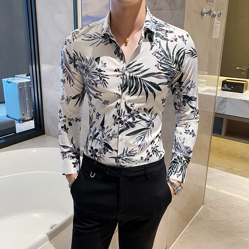 秋款 男士韩版修身长袖印花衬衫潮C803#P58图片