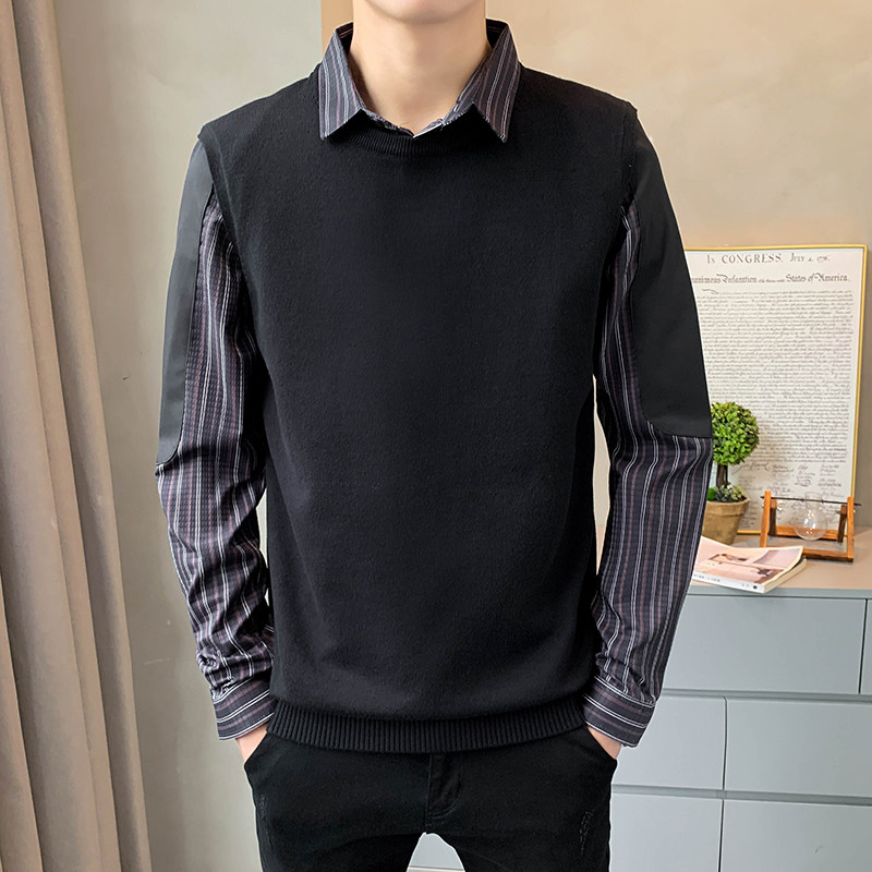 店主风袖部拼接男士条纹假两件针织衫长袖套头毛衣8225#P105,男装针织衫/毛衣,电商C309