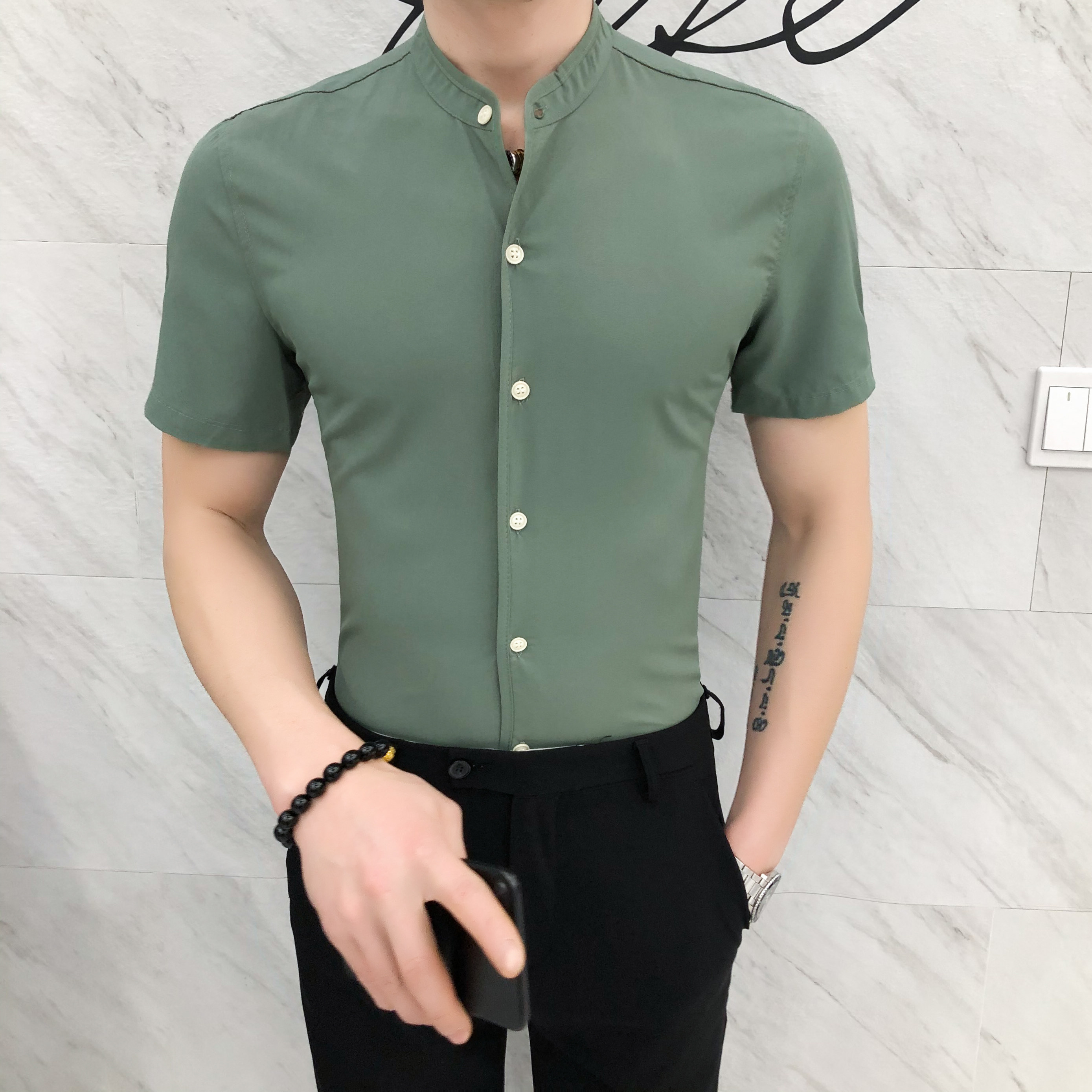 纯色立领男士韩版修身短袖休闲衬衫半袖衬衣男CS01P40,男装T恤,电商C309
