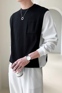 黑_轻熟风针织背心拼接长袖卫衣男士假两件潮2311#P88图片