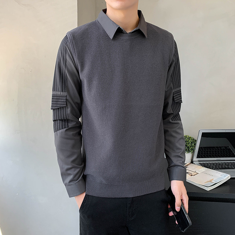 8932#秋冬新款条纹拼接口袋高品质男士针织衫假两件套头毛衣P105,男装针织衫/毛衣,电商C309