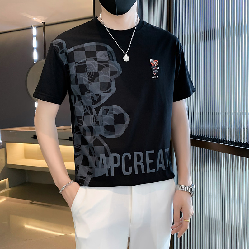 8029#黑夏新款刺绣动漫马里奥印花T恤男休闲圆领短袖潮特P48控78图片
