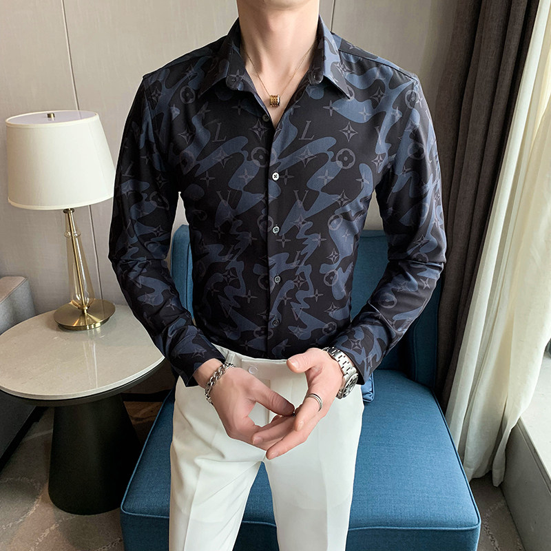 2025秋款改标轻奢印花男士韩版修身衬衫店主英伦男C6603#P65,男装衬衫,电商C309