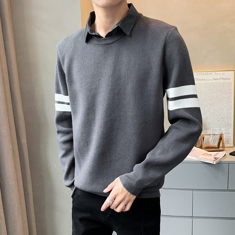 8218#P105高品质条纹纯色男士假两件针织衫长袖套头毛衣,男装针织衫/毛衣,电商C309