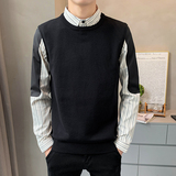 秋冬款袖部拼接男士条纹假两件针织衫长袖套头毛衣8225#P105，男装针织衫/毛衣，电商C309