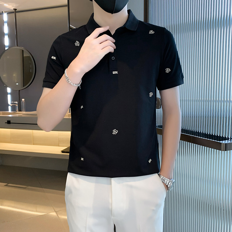 21010#粉夏新款V字刺绣精品男士纯色polo衫男翻领T恤潮特P48控78,男装T恤,电商C309