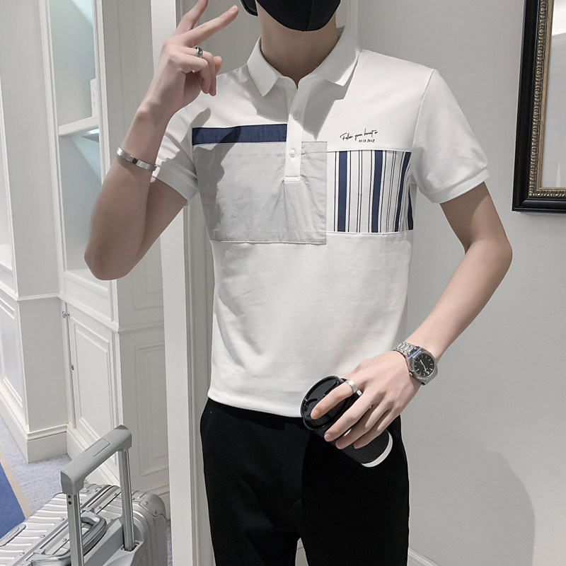夏款条纹拼接男士休闲polo衫小伙风翻领T恤男潮86023#P55,男装T恤,电商C309